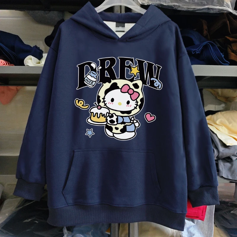 MINISO American Trendy Brand Fun Cartoon Cow Kt Cat Print Men's and Women's Casual Versatile Street Hooded Sweater