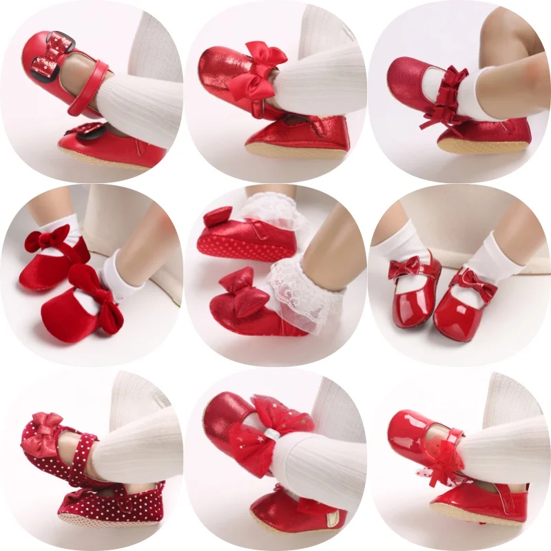 

Red 0-18M baby girl shoes cute bow flat shoes soft sole newborn princess walking shoes formal baby shoes