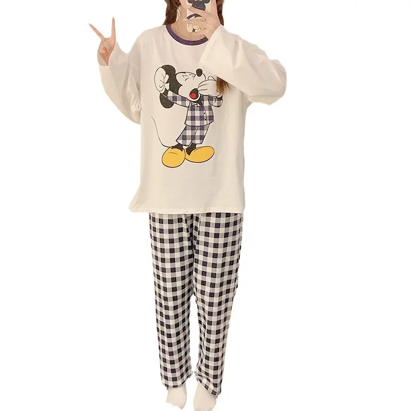 Disney Mickey Spring and Autumn New Cartoon Pajamas Women\'s Crew Neck Cute Winnie the Pure Cotton Loose Loungewear