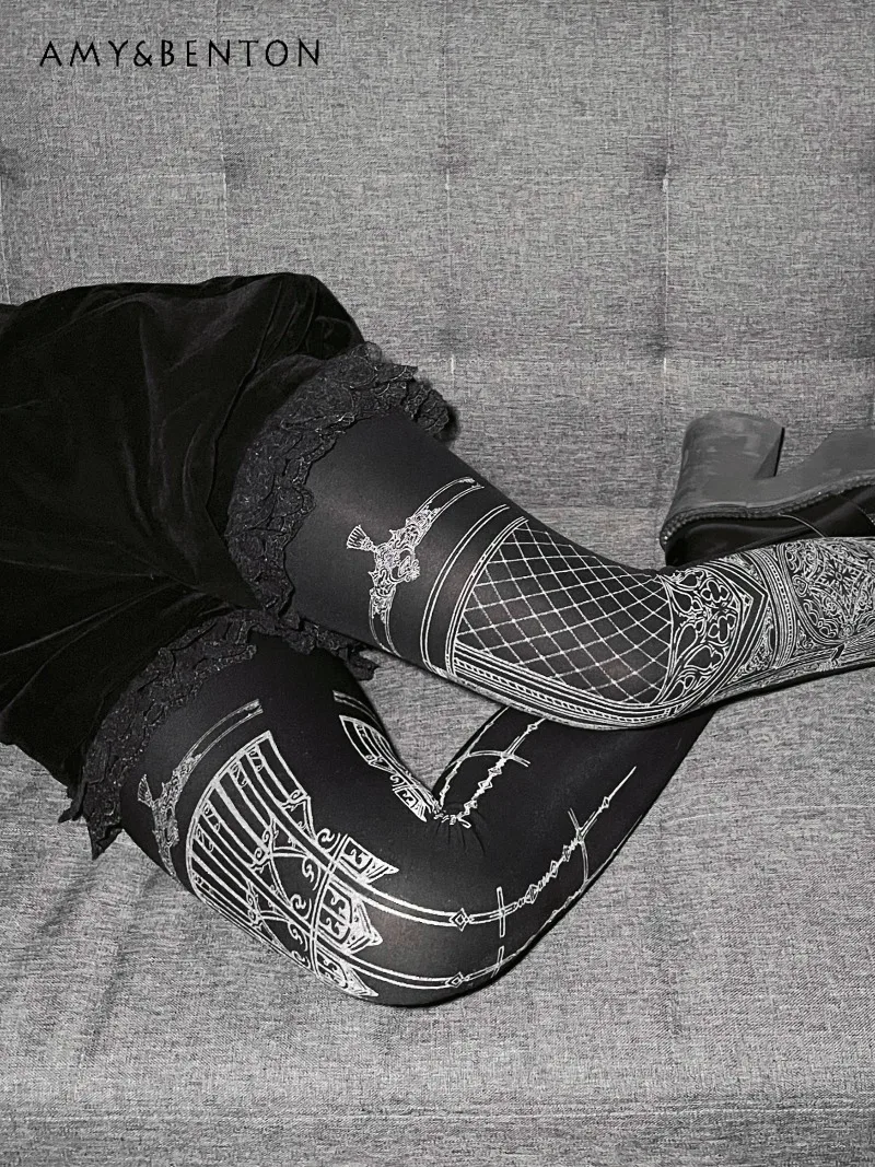 Subculture Lolita Printed Silver Foil Goth Socks Pantyhose 120d Velvet Lolita Dark Girl Punk Style Printed Sexy Pantyhose Stock