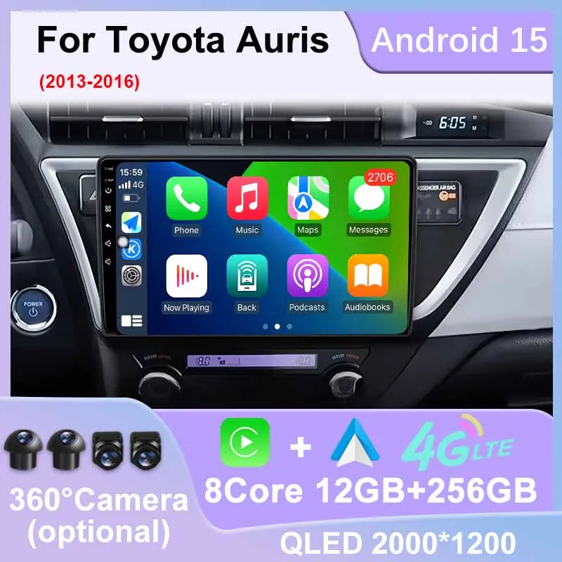 Android 15 Carplay For Toyota Auris 2013-2016 Car Radio GPS Navigation 4G WIFI Bluetooth Multimedia Audio DSP 360 Camera