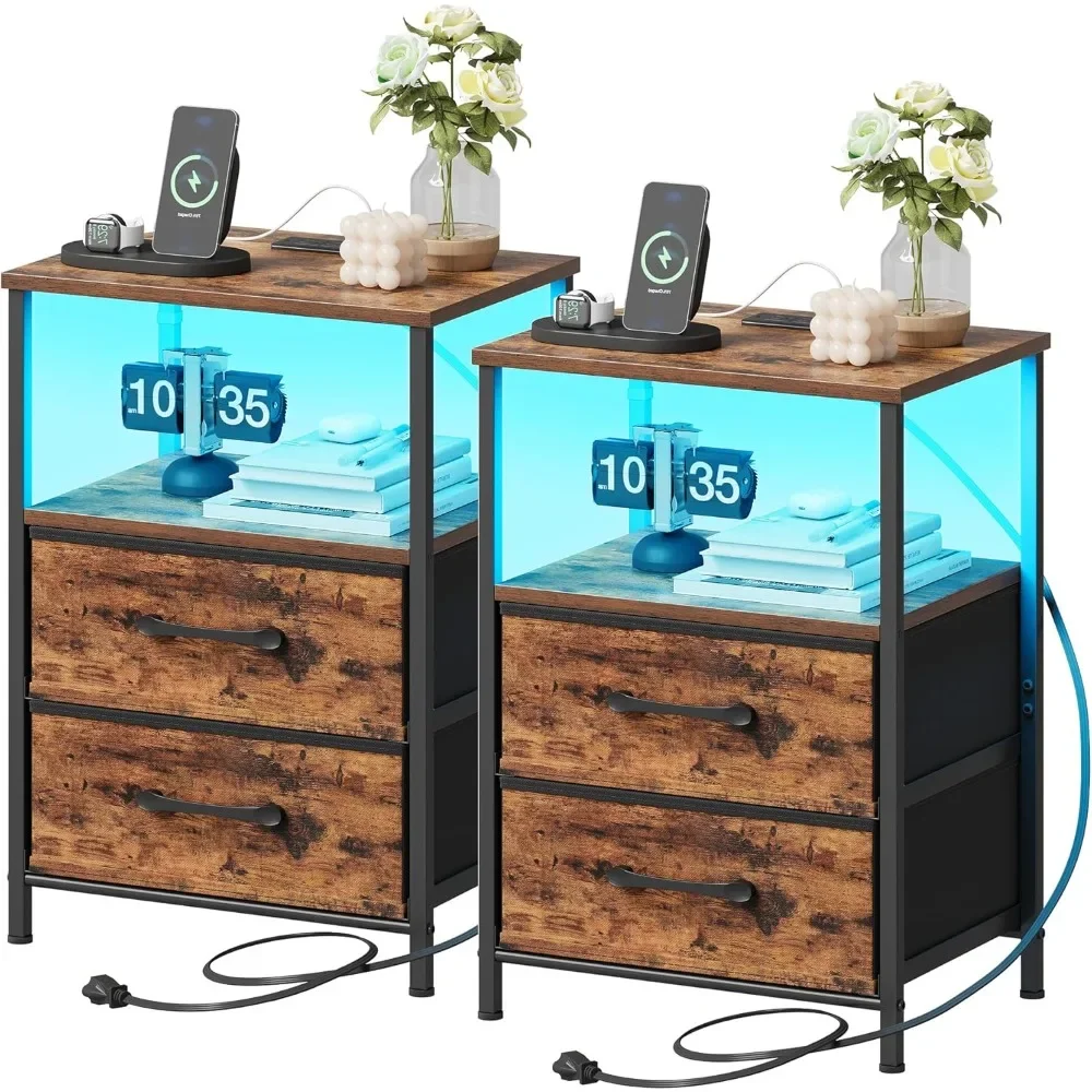 

Nightstands Set,Night Stand with Charging Station and Led Lights,Bedside Table with 2 Fabric Drawers for Bedroom,Side End Table