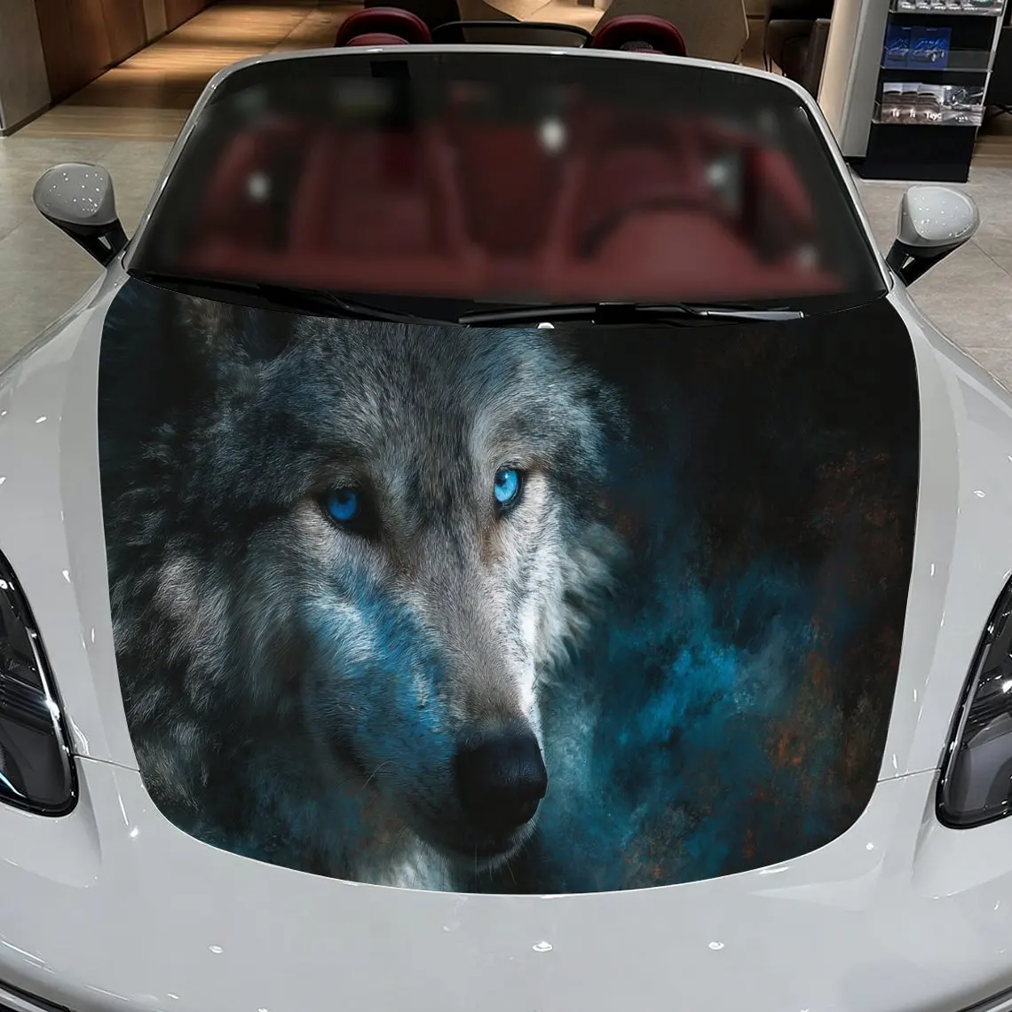 شارات السيارة الذئب مع عيون زرقاء جذابة في الخيال العلمي - Fi Infused Close - Up Scene Creation ملصق غطاء السيارة، مقاوم للماء ذاتي - A