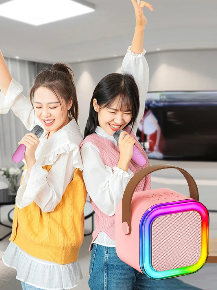 Bluetooth-Compatible 5.3 Karaoke Machine Toy with Wireless Mic Small Speaker Adjustable LED Lights for Home Karaoke