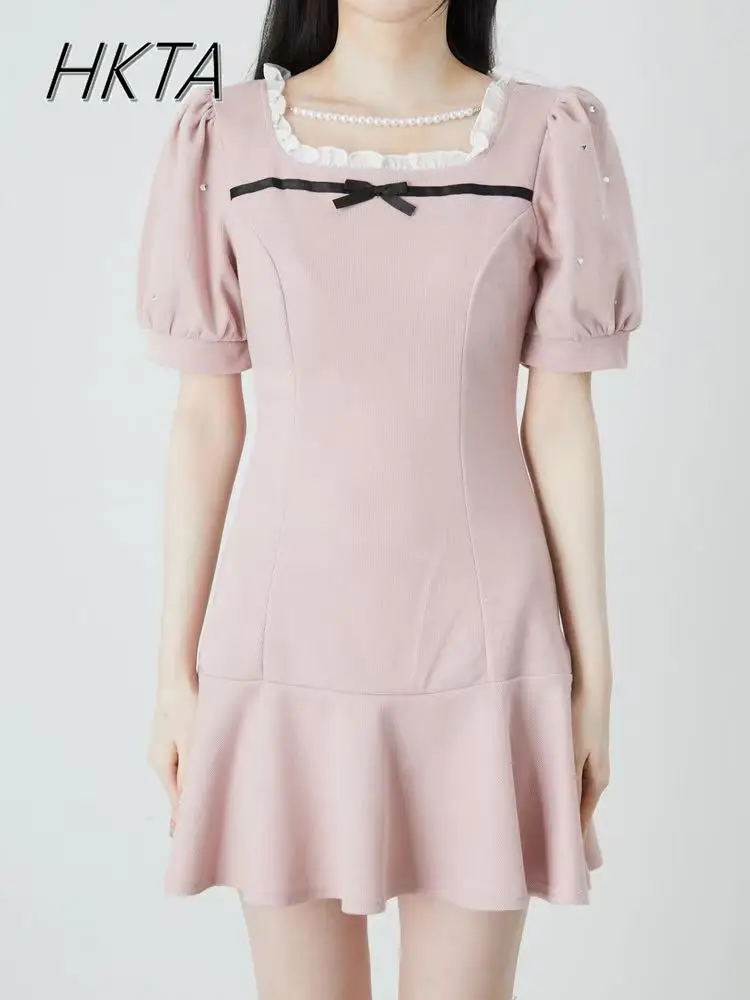 

Japanese Sweet Cute Square Neck Bubble Short Sleeve Slim and Thin Bow Mini Dress Women's 2025 Summer New Lolita Dress Female