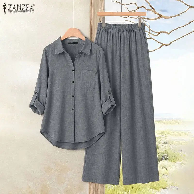 2026 ZANZEA Women Autumn 2 Pieces Sets Lapel Neck Long Sleeve Tops Pant Sets Office Outfits Casual Solid Color OL Work Tracksuit
