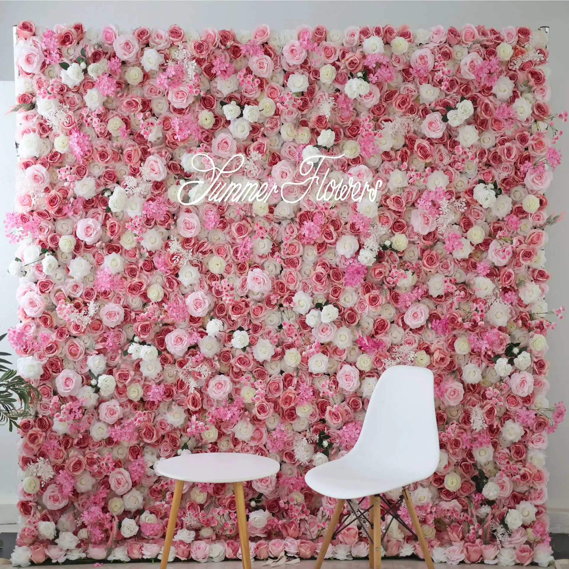 

Custom deluxe 3D pink and white roses, artificial flower wall, outdoor wedding background decoration,birthday event stage layout