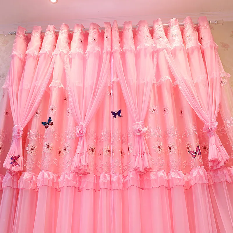 Pink Princess Style Embroidered Double Layer Curtain Sheer with Lace Blackout Panel for Kids Room Bedroom