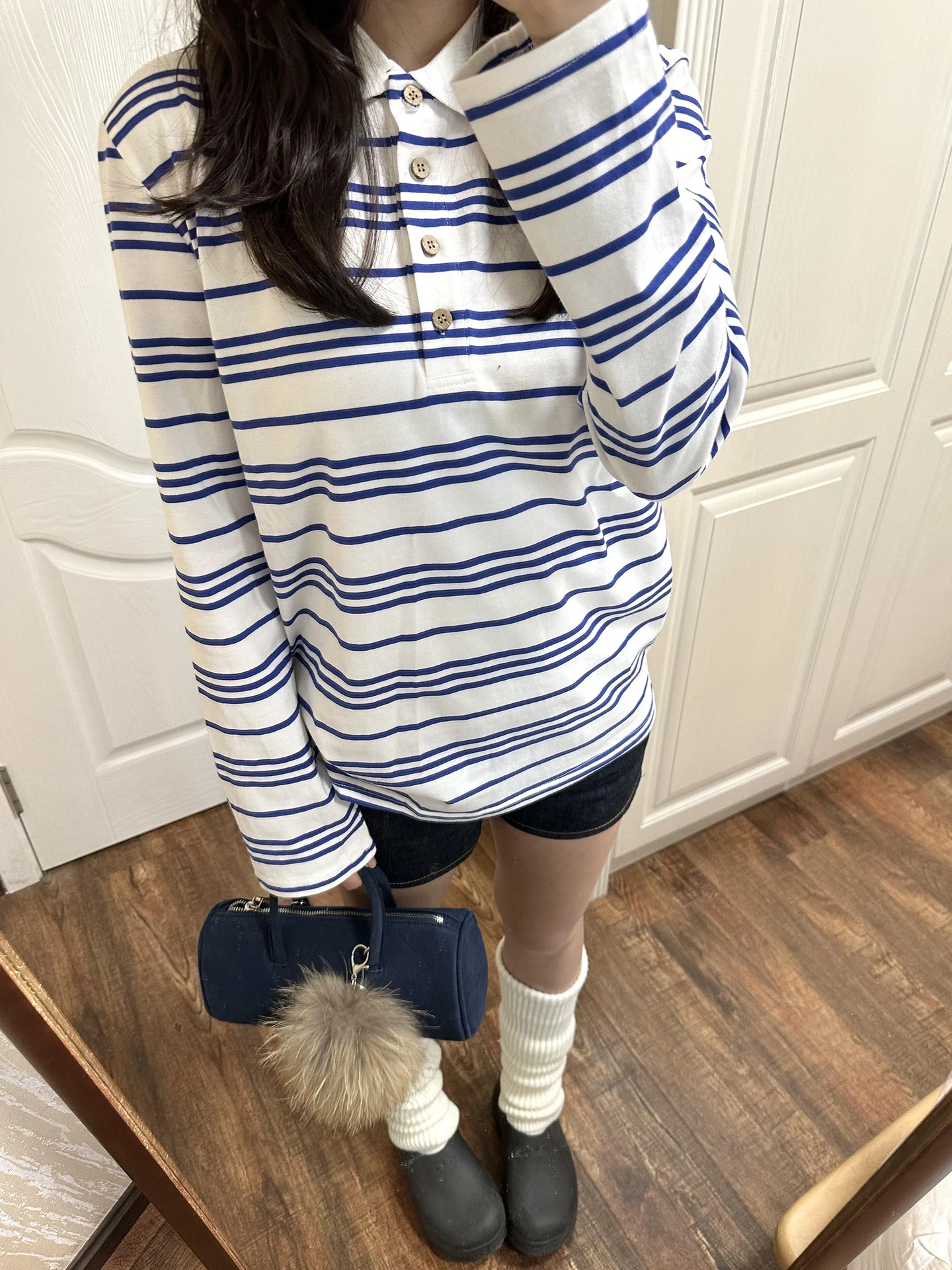 

Korean Style Slim Fit Long Sleeve Neck Striped T-Shirt Women's Spring Autumn New Style Belted Base Shirt Inner Wear Top