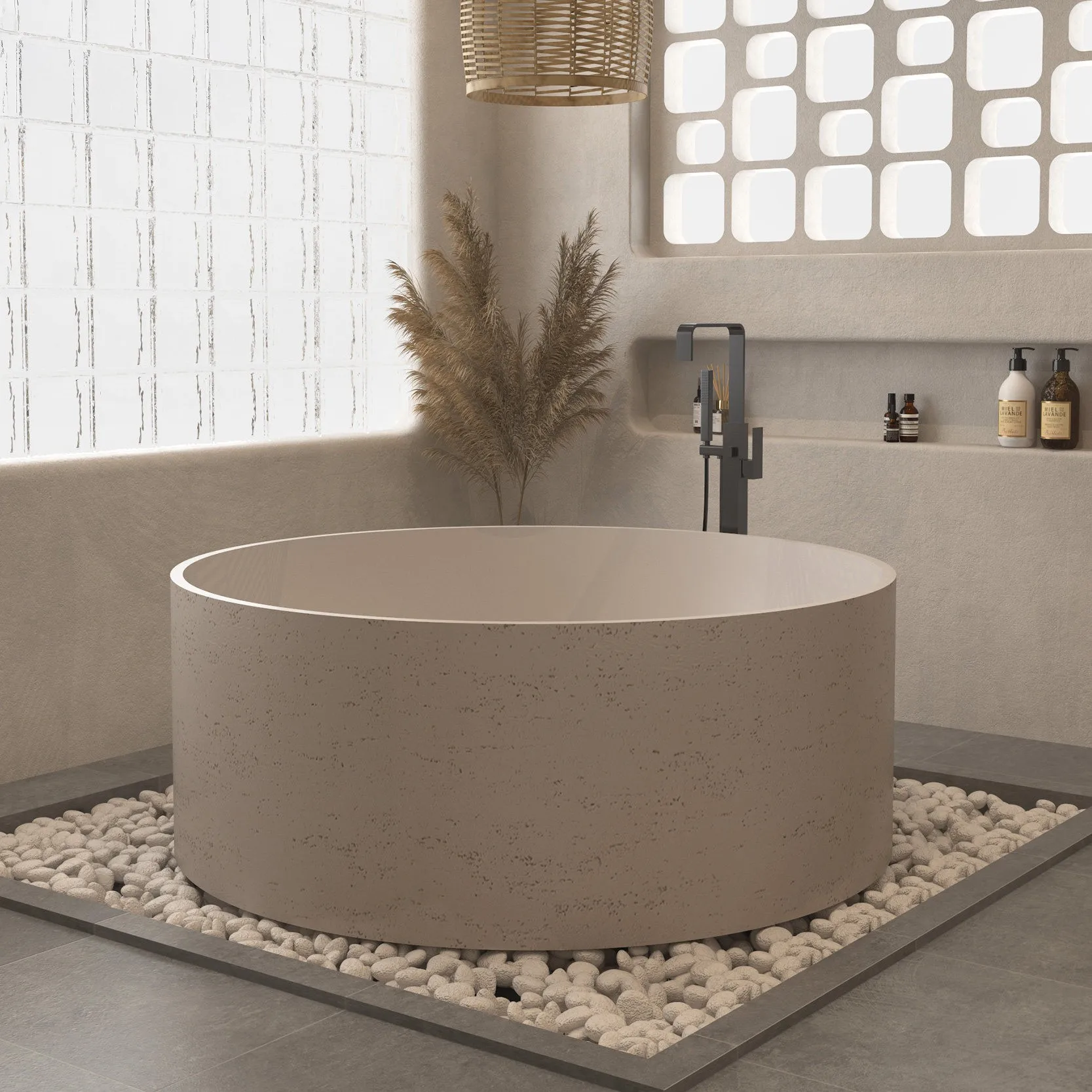 Any Size Custom Round Freestanding Travertine Bathtub Luxury Designer Adult Soaking Tub Heat Retaining Easy Clean Compact Space