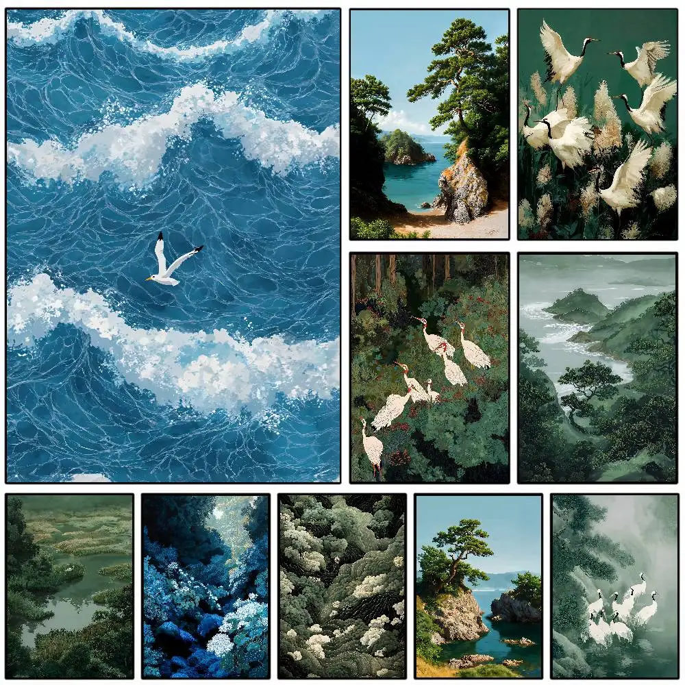 Japanese Green Forest White Cranes Poster Chinoiserie Bird Modern Prints Canvas Painting Wall Art Picture Home Living Room Decor