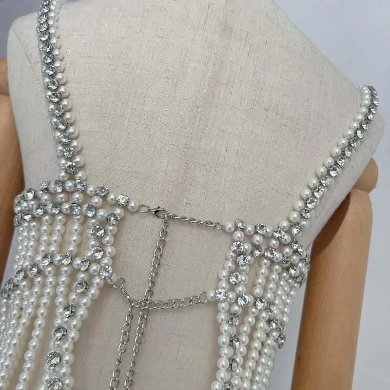 

Woven Body Chain Camisole Imitation Pearl Vest Hollow Mesh Top Body Jewelry