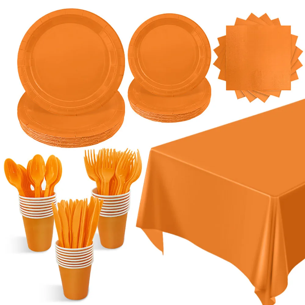 Solid Orange Theme Birthday Super Girls Decorations Party Disposable Tableware Paper Napkins Cups Plates Tablecloths Straw