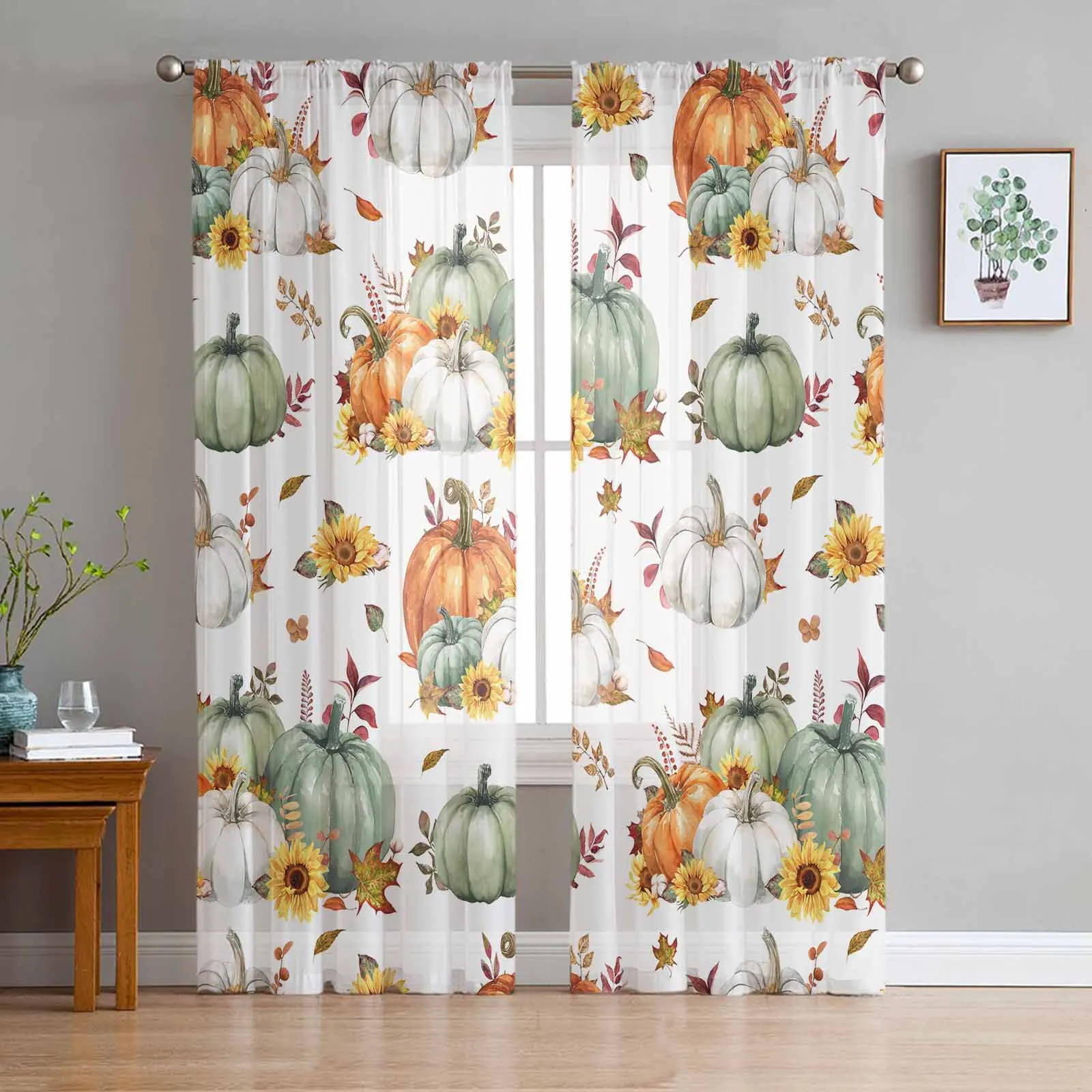 

Thanksgiving Autumn Leaves Sunflower Pumpkin Tulle Curtains For Bedroom Home Decor Living Room Kitchen Voile Curtains For Blind