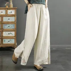 Calça de cintura alta de algodão e linho feminina, perna larga, monocromática, casual, retrô, bordado tribal, elástico, bolsos soltos, verão, nova