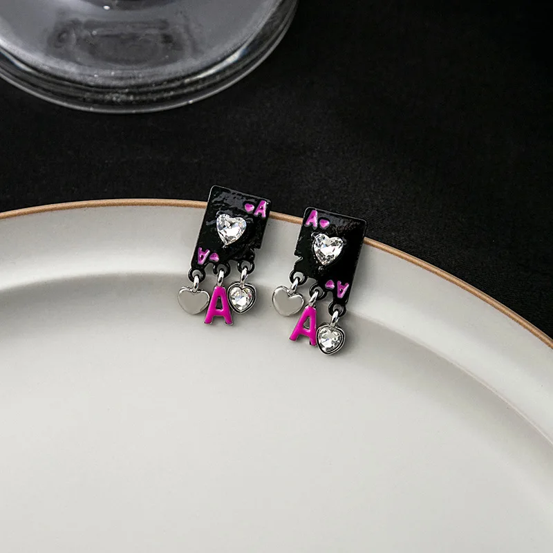 European and American Multi Colored Drop Glue Embellished Zircon Heart-shaped Playing Card Earrings UNISEX Punk Earrings