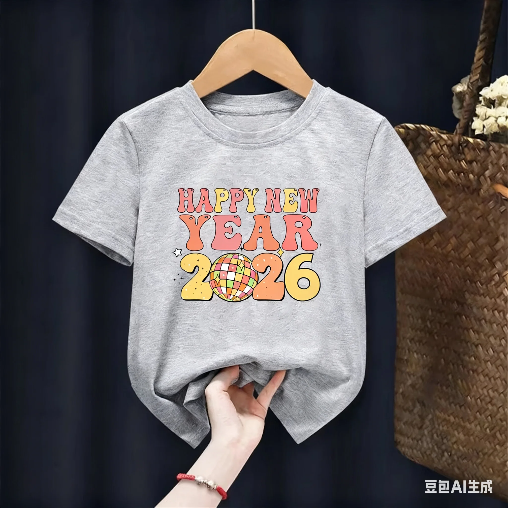 مرحبا 2026 سنة جديدة سعيدة موضة الفتيات تي شيرت لطيف ملابس الأطفال التي شيرت السنة الجديدة هدية زي عطلة زي حفلة تيز #3