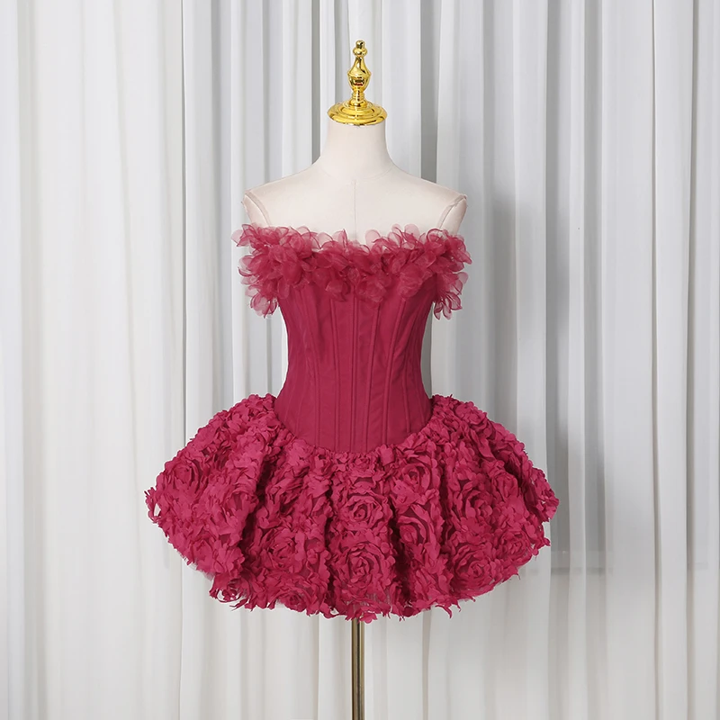 Vgh sexy 3d floral mini vestido para mulheres querida pescoço sem mangas osso de peixe túnica festa de aniversário saia glamour roupas femininas