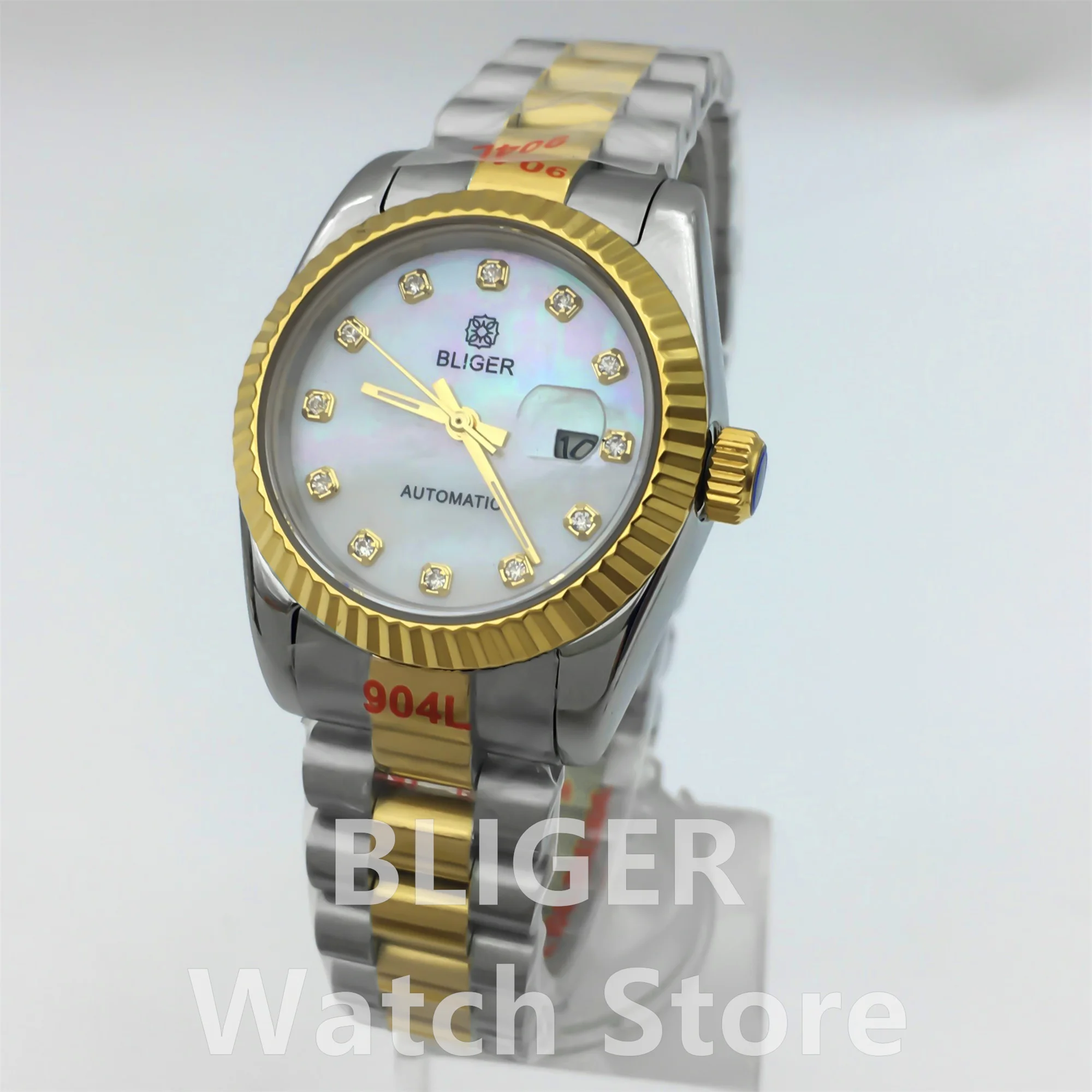 Bliger 31mm senhora relógio nh05 movimento mecânico dois tons ouro curvado moldura canelada pérola escudo dial índice de diamante vidro safira