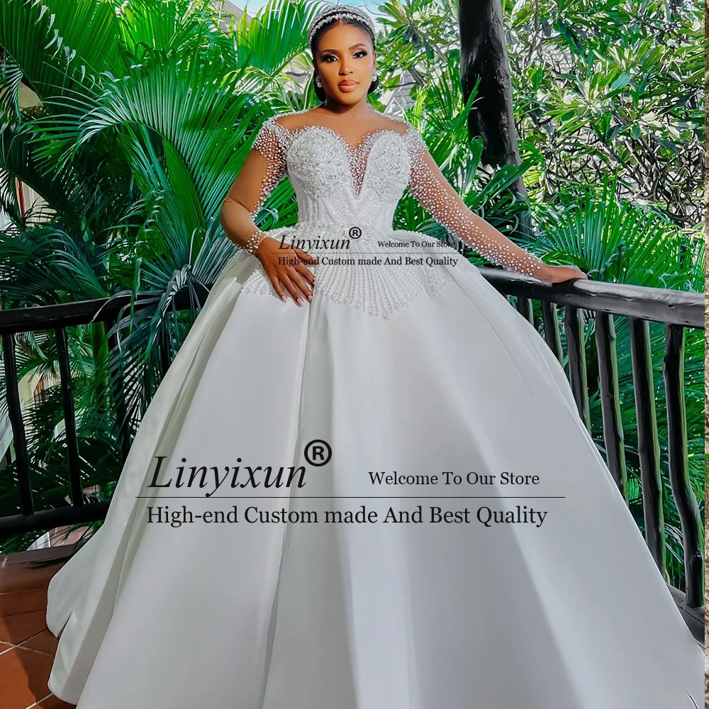 

Luxury Beading Pearls Wedding Dresses 2025 A-Line Full Sleeves O-Neck Crystal Bridal Gowns Customized hochzeitkleider damen