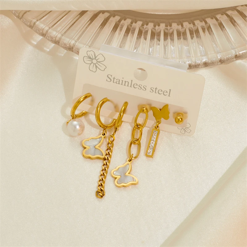 316L Stainless Steel New Fashion Fine Jewelry 6 Pieces/Set Natural Seashel Zircon Stones Pearl Butterfly Stud Earrings For Women