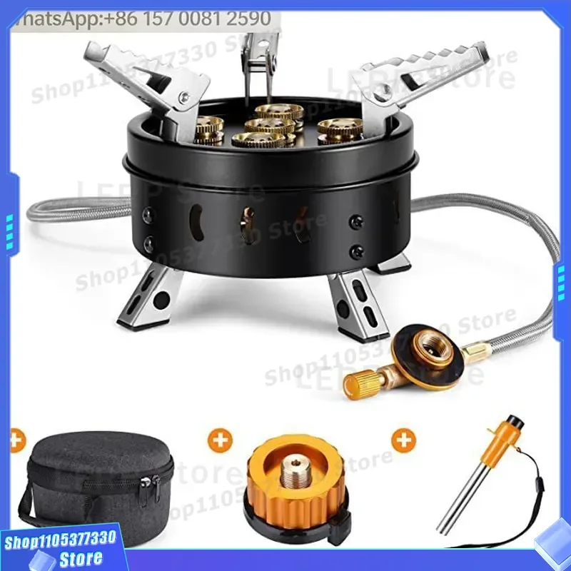 High-Power 5 Head Steel Camping Stove Portable BBQ Cookware Super Windproof Outdoor Foldable Gasstove