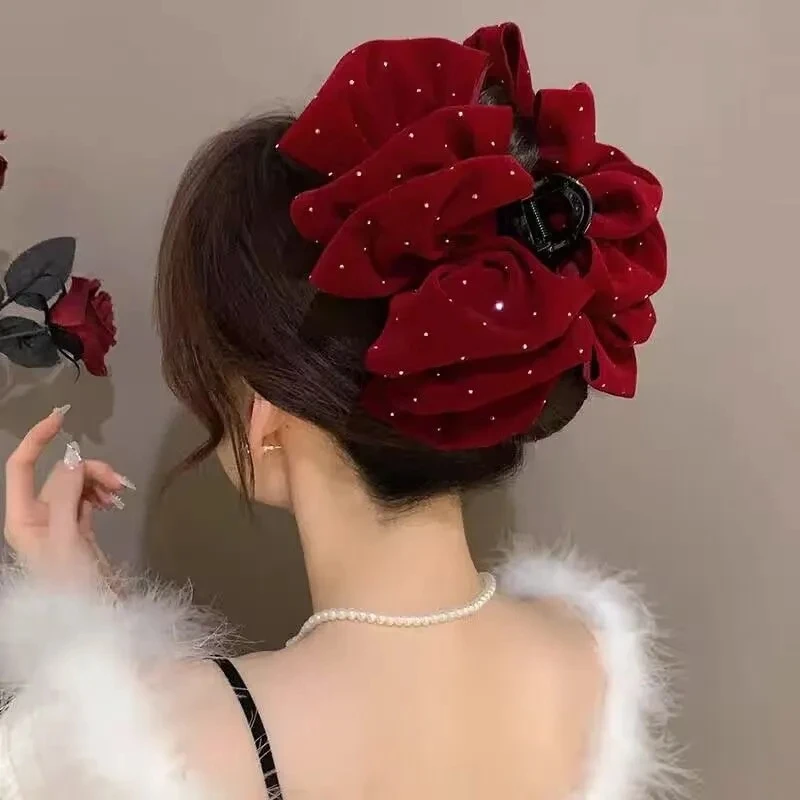 New 1pc Black Red Velvet Bow Hairpin For Women Princess Head Grab Hair Claws Headdress Large Hair Clips Girl\'s Hair Accessories