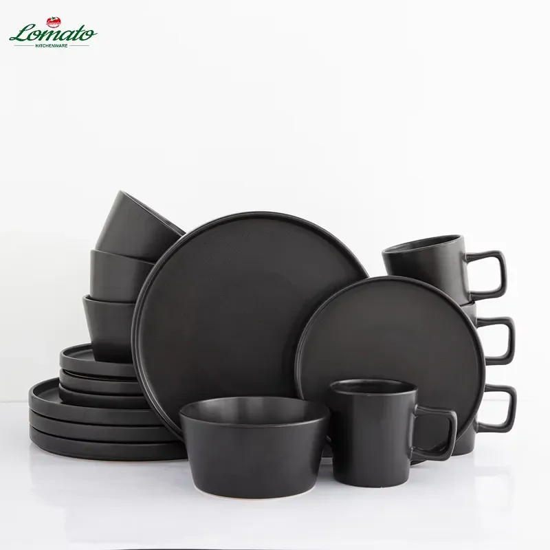 China in Stock 16PCs Vertical Side Matte Black Classic Modern Stoneware Ceramic Tableware Chinese Dinner Dinnerware Sets