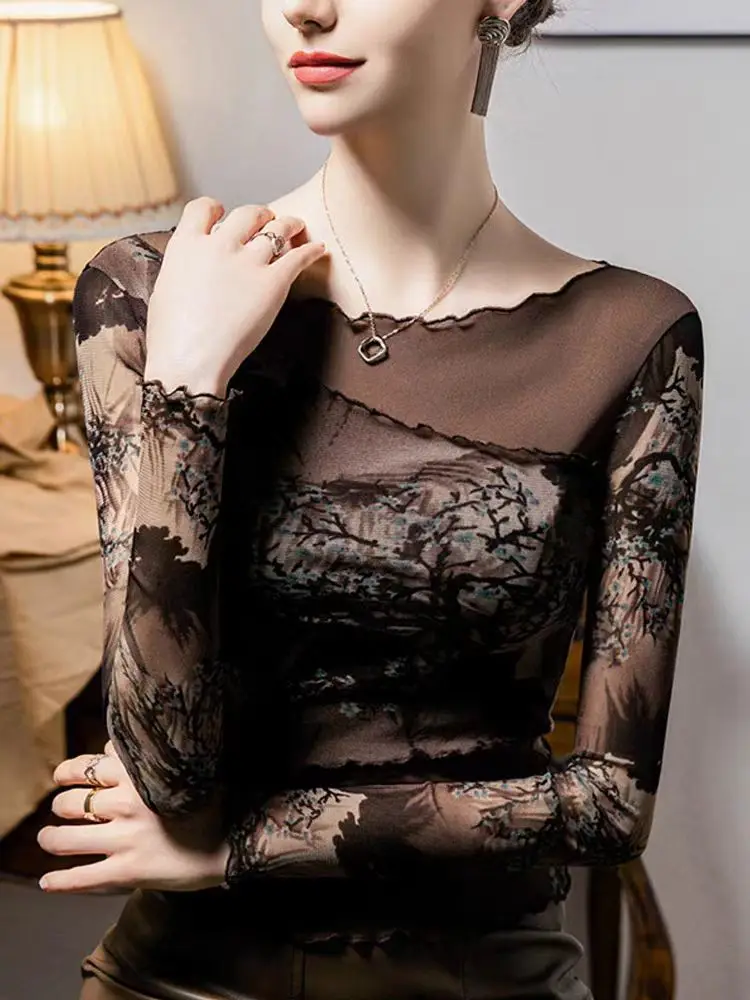 Real Photos Autumn Spring Mesh T Shirt Women Slash Neck Full Sleeve Tops Female High Stretch Patchwork Tshirts