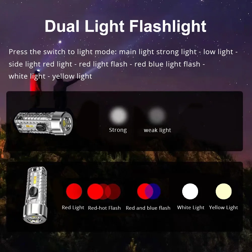 Keychain Light Outdoor Home Mini Luminous Multi-function Red And Blue Flashing Rechargeable Strong Light Flashlight