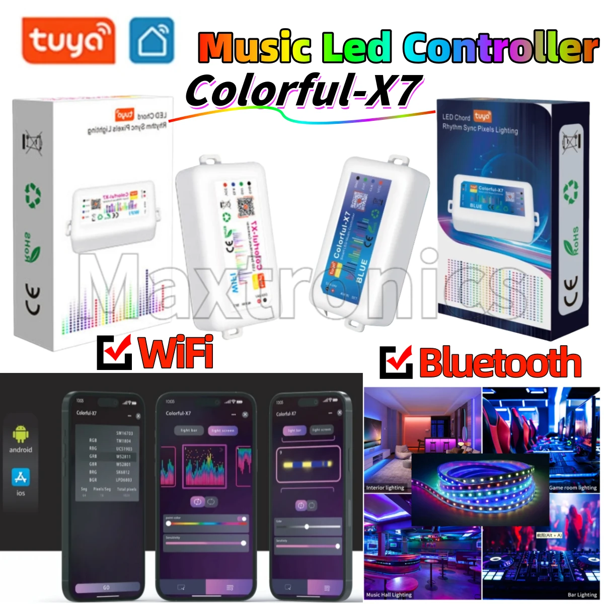 

Новый контроллер музыкальной светодиодной ленты RGB DC5-24V TUYA Wi-Fi/BT Smart App Control Colorful-X7 для WS2812B WS2811 SK6812 Светодиодная лента
