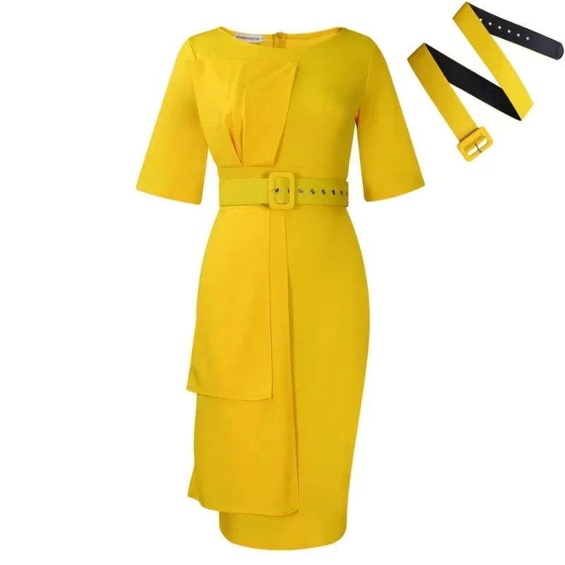 Women Elegant Dress Bodycon with Waist Belt Short Sleeves High Waist Slim Modest Church Dresses for Women Summer African Gowns