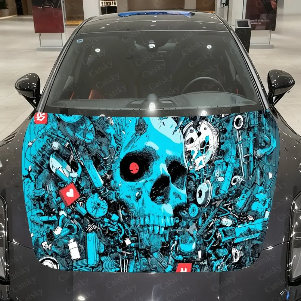 Blue Mechanical Remains Car Vinyl Wrap,PVC Waterproof Car Hood Sticker, Self-Adhesive Scratch-Resistant Sticker for Engine Cover