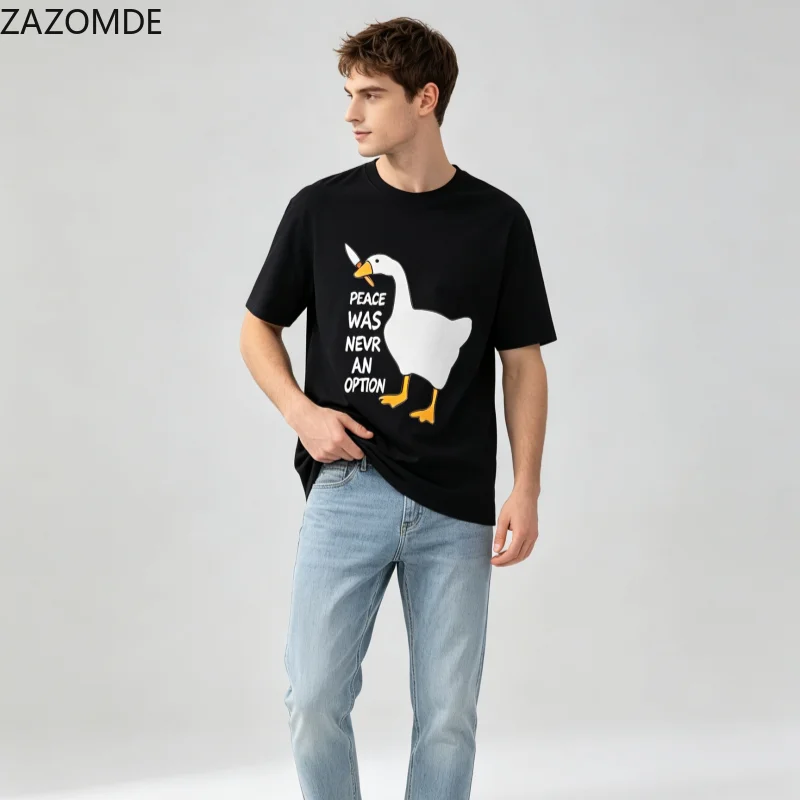 ZAZOMDE Creative Cartoon Goose Graphic T-shirt Simple Letter Print Unisex Daily Wear Casual Short Sleeve Street Cotton Tees