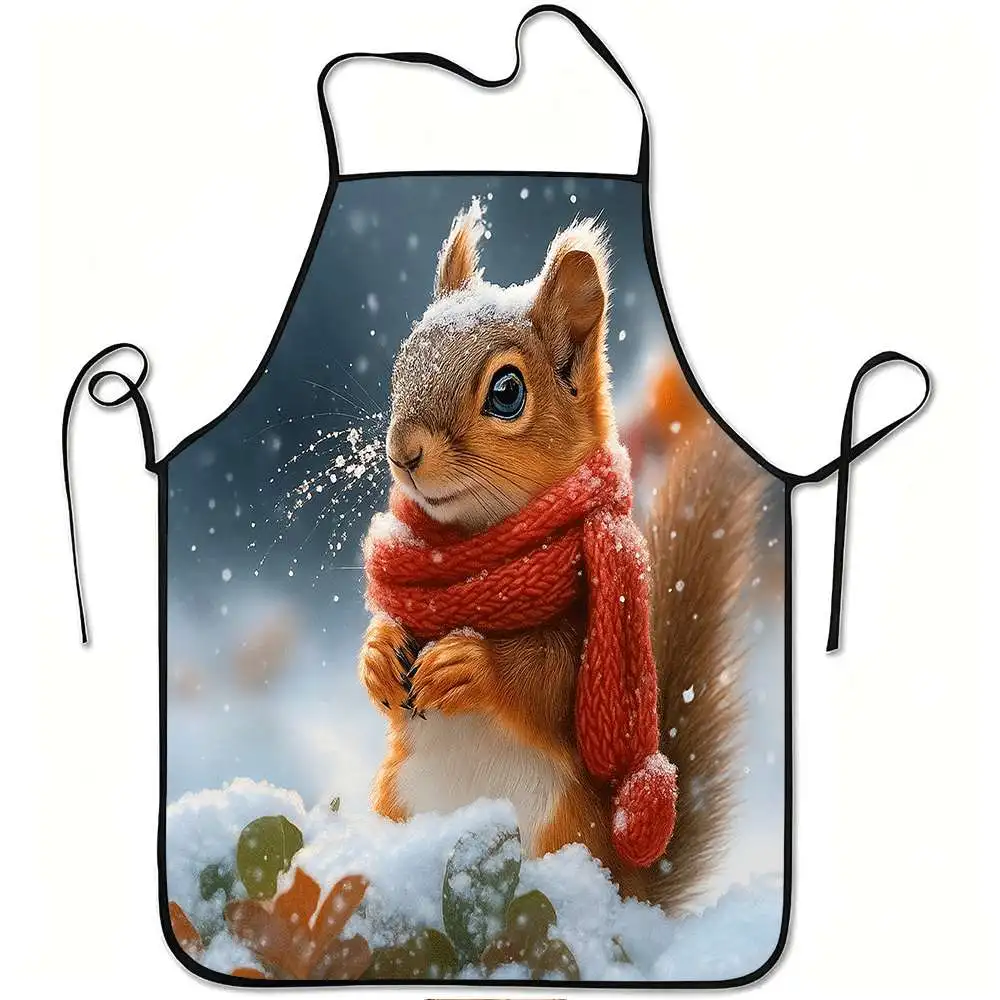 1pc Cute Winter Squirrel Snowprint Apron - Red Adjustable Waistband, Durable Easy-Clean Polyester Apron