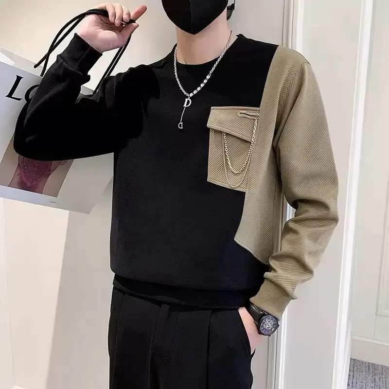 

Мужская одежда, трендовые контрастные футболки с длинными рукавами, топы, весенне-осенние пуловеры с длинными рукавами и круглым вырезом в стиле пэчворк, повседневная мода