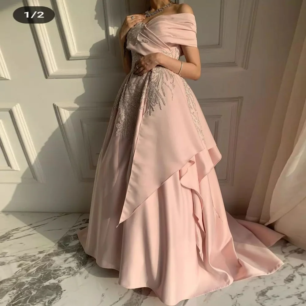 Mignon Satin A-line Off-the-shoulder Neckline Appliques Prom Gown Floor-length Formal Elegant Evening Party Dress for Women 2023