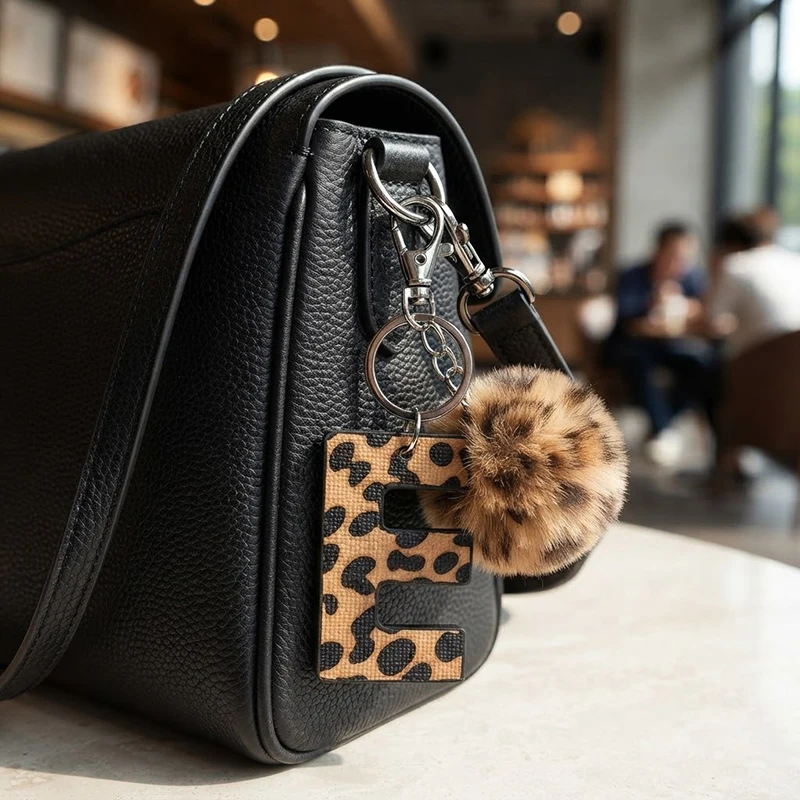 Leopard Initial Keychain Cheetah Print Letter Keyring Faux Fur A-Z Bag Charm Monogram Alphabet Puff Ball Purse Accessory Set