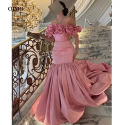 2023 Saudi Arabic Woman Pink Satin Prom Dresses Off Shoulder Mermaid Long Pleats Evening Gowns Formal Party Dress