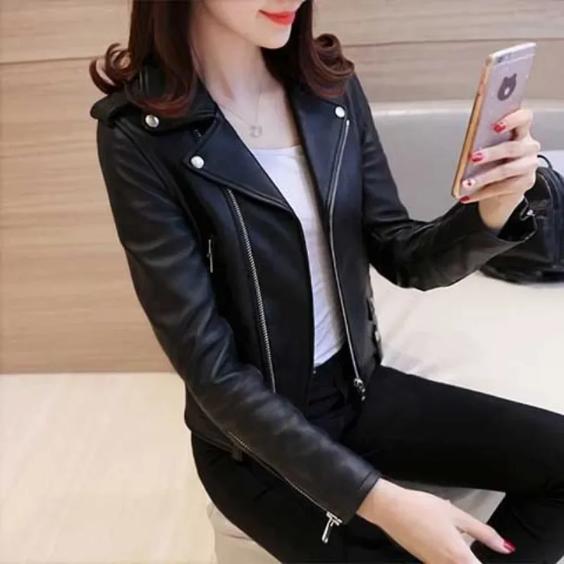 Women New Black Pu Jackets Chic Slim Solid Colors Pu Leather Jackets Zipper Long Sleeve Motorcycle Style Clothing Spring Autumn