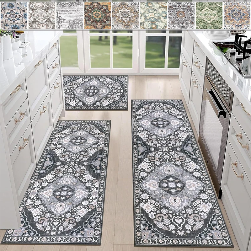 

3pcs Thick Crystal Velvet Printed Kitchen Floor Mat Oil Absorbing and Non Slip Bathroom Door Mat Washable Long Dust-proof Carpet