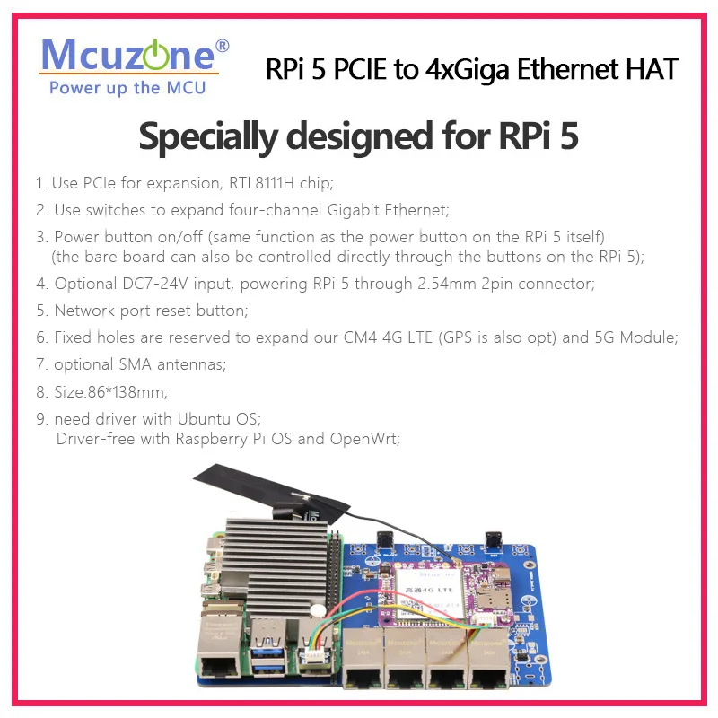 MPG4-4G,Raspberry Pi 5 PCIE to 4xGiga Ethernet HAT, Use switches to expand four-channel Gigabit Ethernet; openwrt OS driverfree