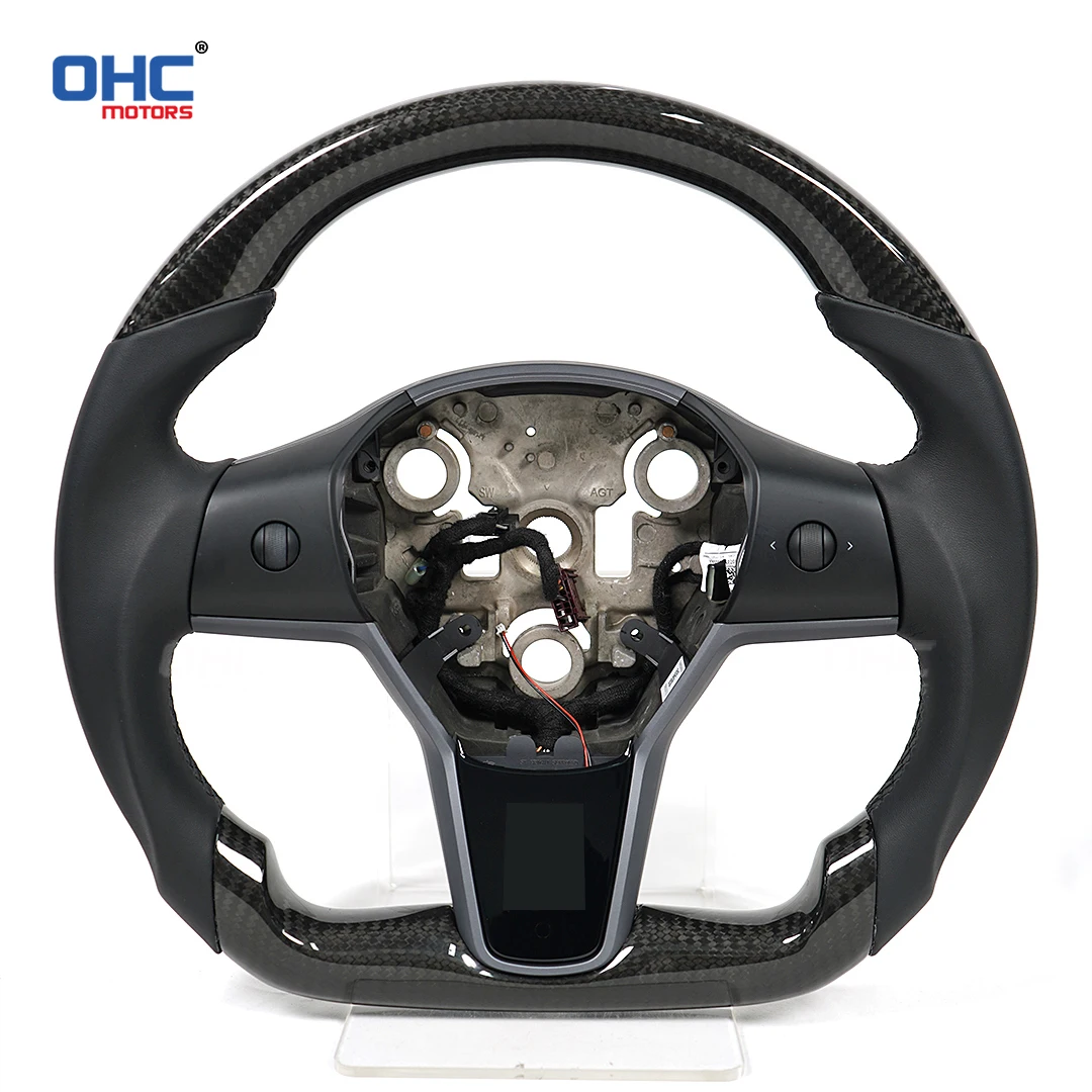 عجلة قيادة من ألياف الكربون الأصلية 100% مخصصة من OHC لطراز Tesla Y من الجلد المثقوب مع حواف ذكية