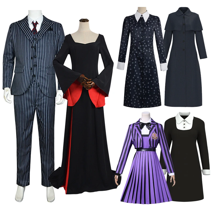 

Season 2 Wednesday Cosplay Costumes Gomez Addams Suit Morticia Black Dress Enid Cosplay School Uniform Halloween Clothes Outfits