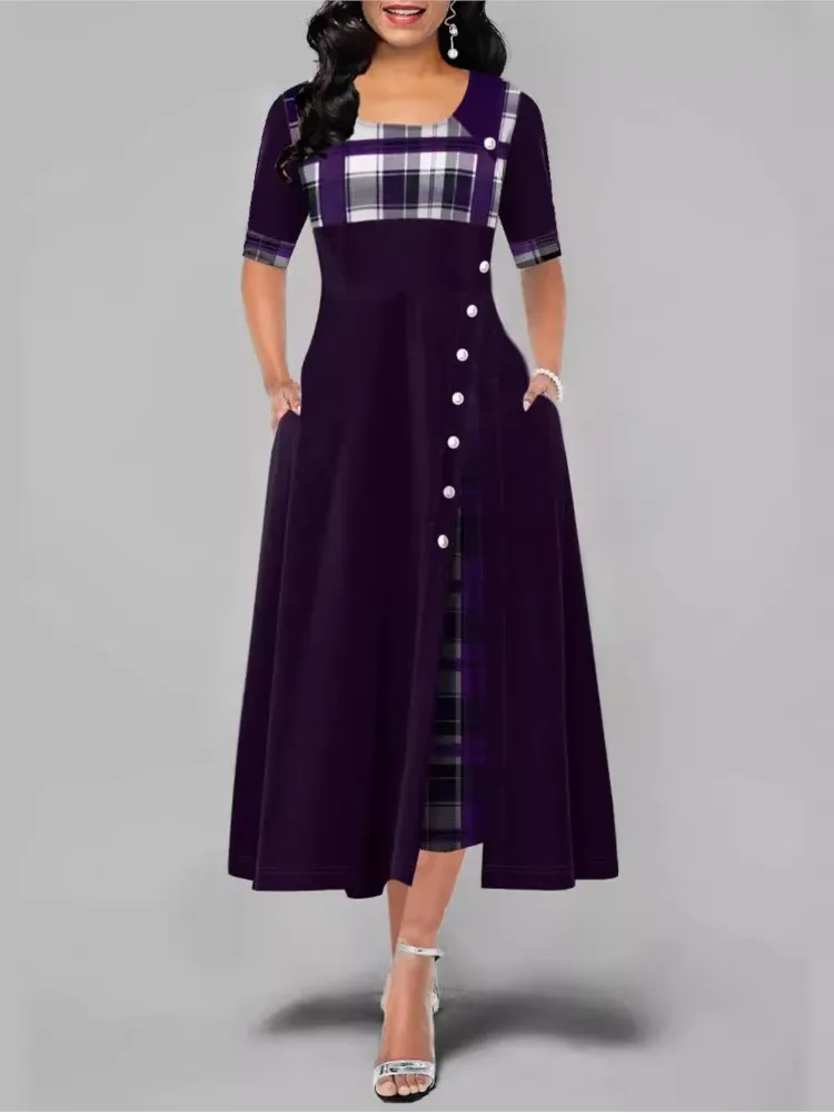 المرأة غير النظامية شعرية المرقعة فساتين طويلة أزرار خمر س الرقبة نصف الأكمام سيدة عادية التنقل فستان الموضة #3