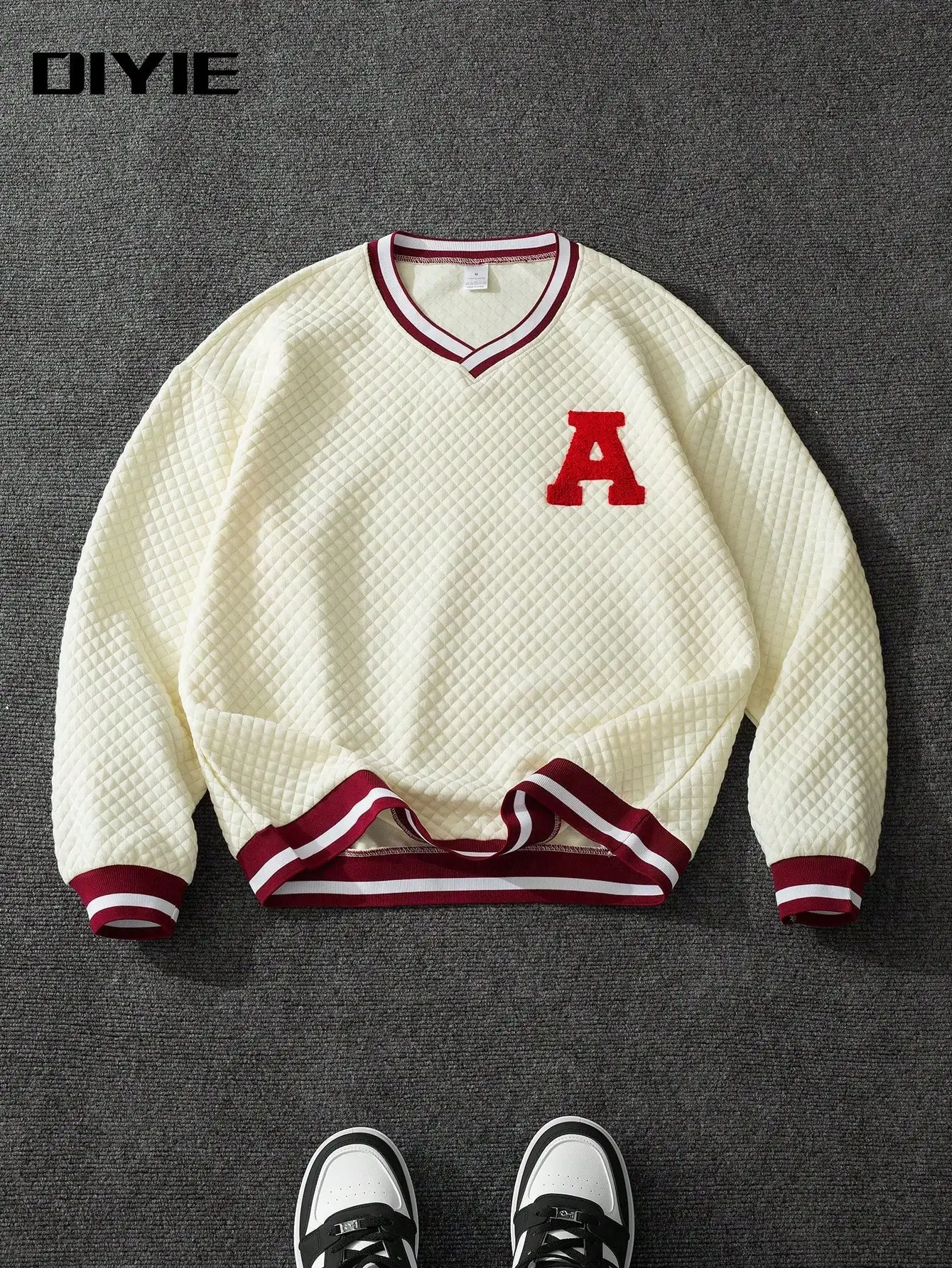 Herren Strukturierter Karierter Stoff Bestickter V-Ausschnitt Pullover Sweatshirt Preppy Pullover Sweatshirt Sportlicher V-Ausschnitt Sweatshirt – Detail 1
