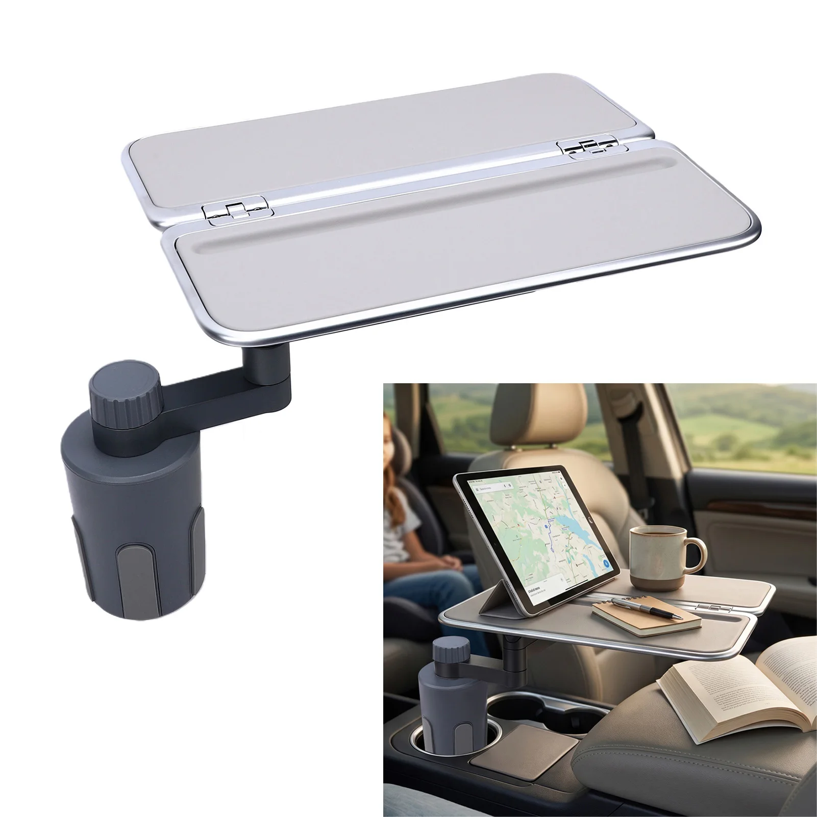 360° Rotating Car Food Tray Car Food Tray Foldable Aluminum Alloy Cup Holder 360° Rotating Car Food Tray with Phone Stand