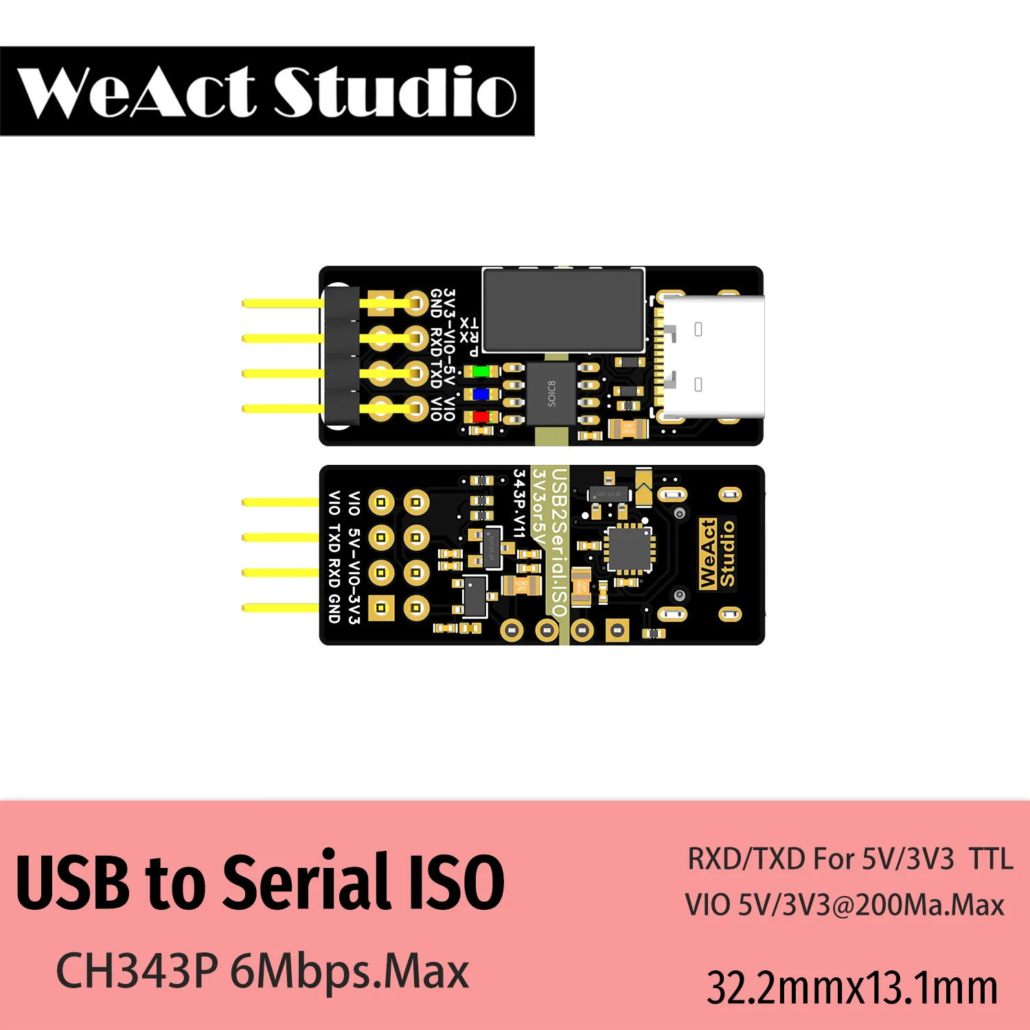 WeAct CH343 Isolated USB to TTL DC 3.3V/5V Serial Port Isolated Communication 6Mbps UART Downloader Module