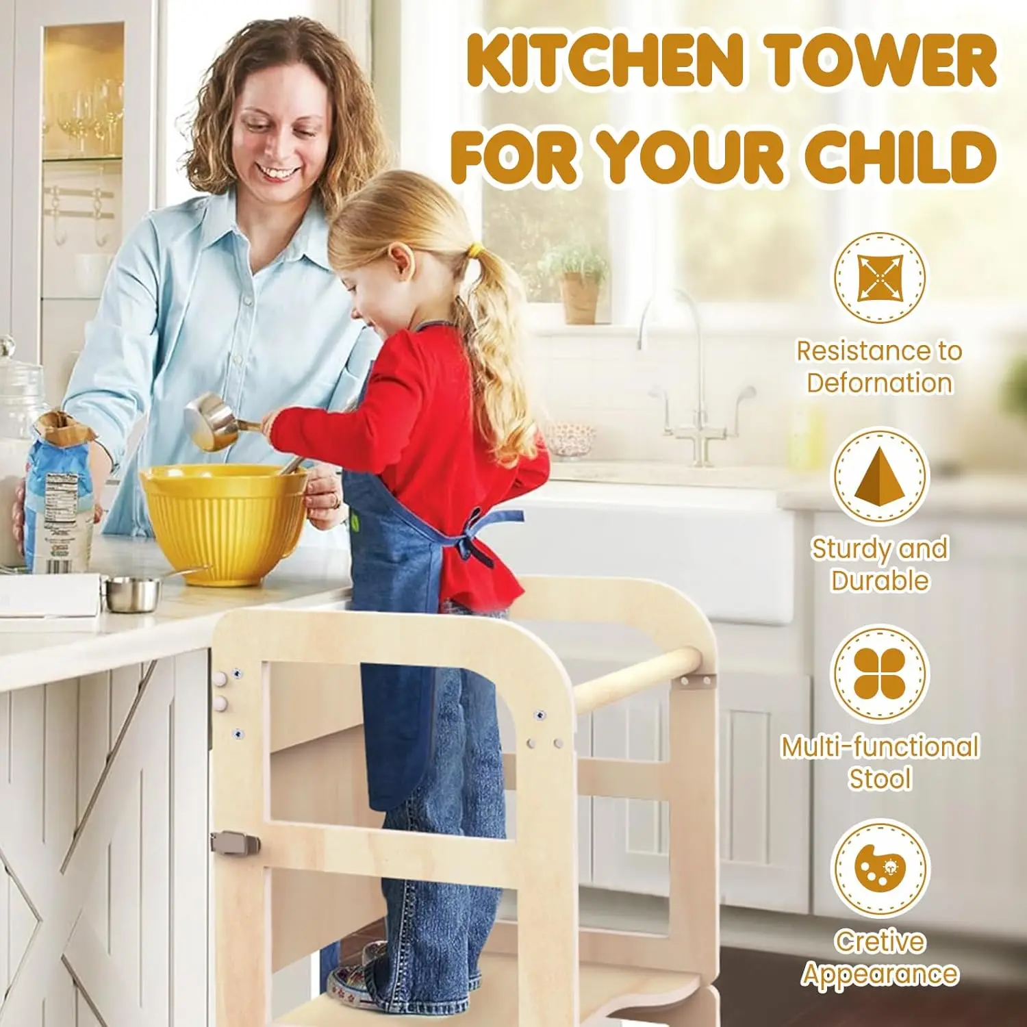 Step Stool with Wooden Stool, Foldable Learning Standing Tower with Blackboard & Feeding Tray, Wooden Kitchen Stool Helper for K