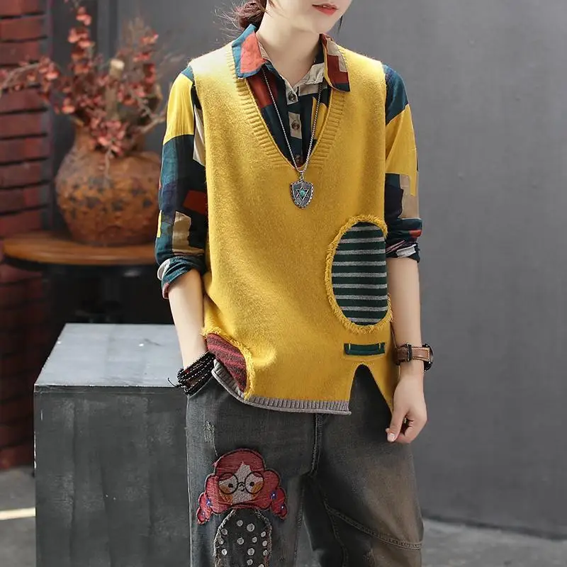 

Желтые вязаные жилеты для женщин Y2k, мода 2021, одежда в корейском стиле, жилет с v-образным вырезом, элегантный новый трикотаж, женские свитера